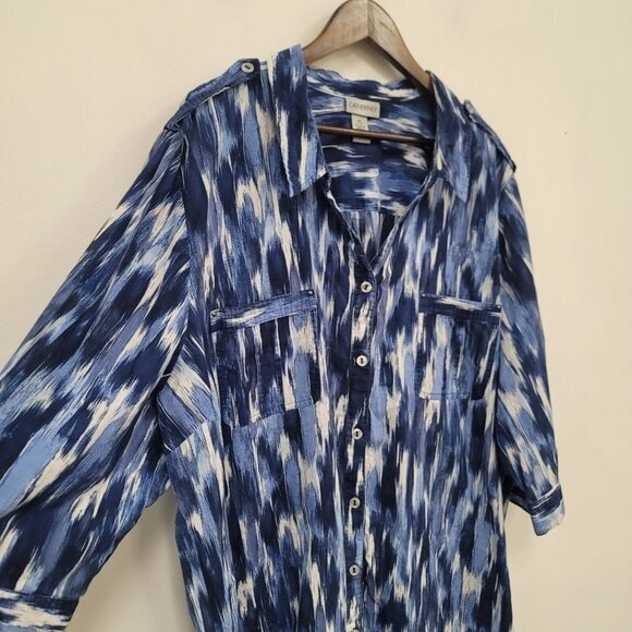 Catherines Womens Button Up Artsy Ikat Top Size 4X Blue Office Career Abstract - Picture 2 of 9